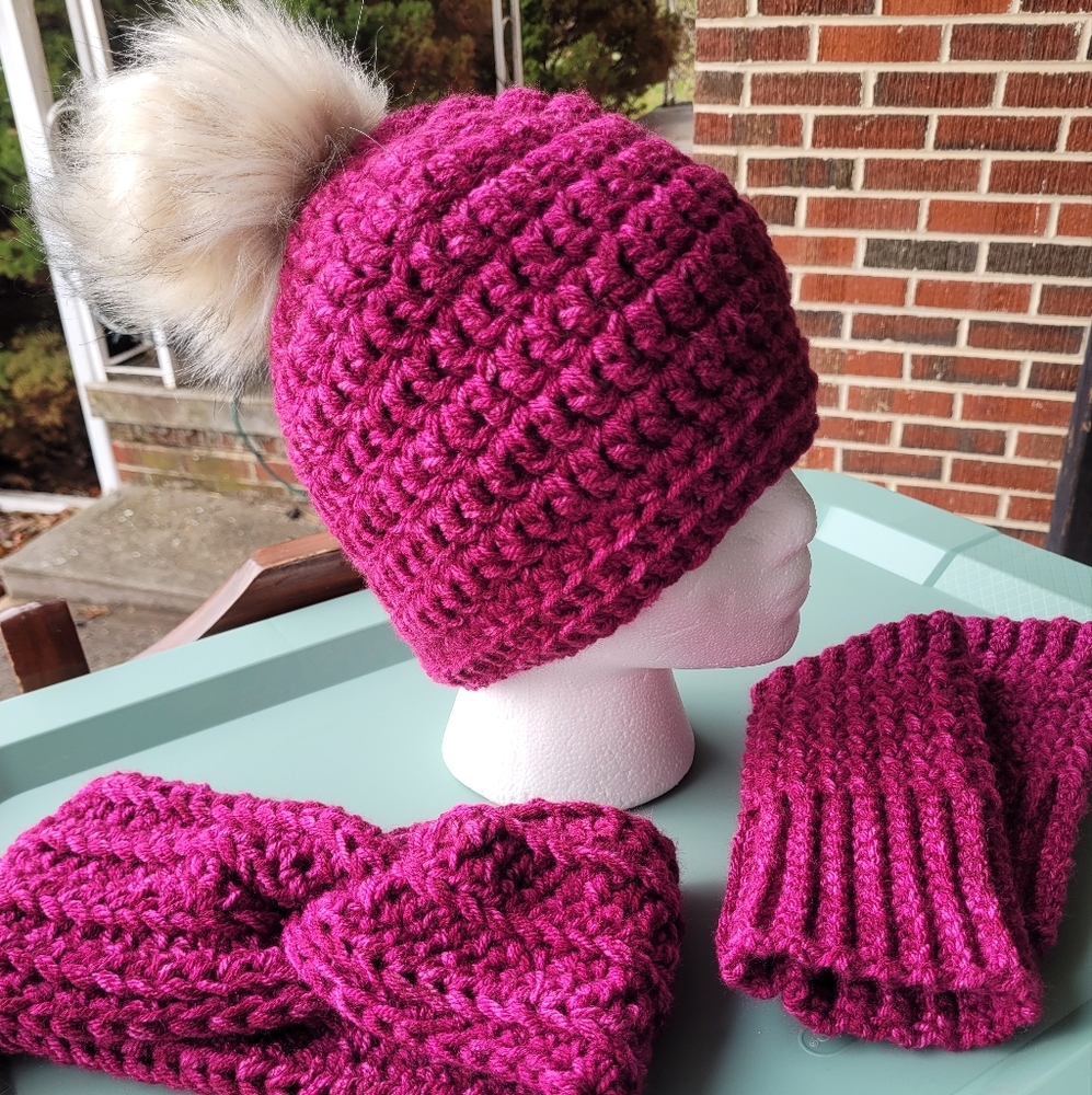 Homemade Crochet Beanie With Pom, Earwarmer Headband, and Fingerless Gloves OS